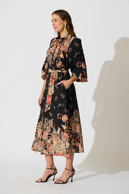 Tamlyn Maxi Shirt Dress in Black Floral Linen Blend