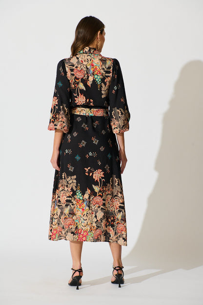 Tamlyn Maxi Shirt Dress in Black Floral Linen Blend