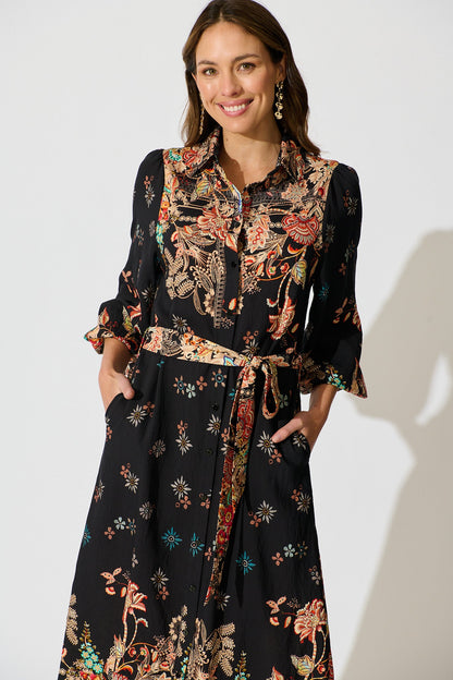 Tamlyn Maxi Shirt Dress in Black Floral Linen Blend