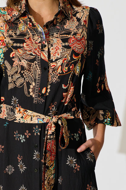 Tamlyn Maxi Shirt Dress in Black Floral Linen Blend