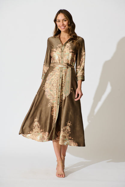 Ellen Midi Shirt Dress in Olive with Multi Placement Satin