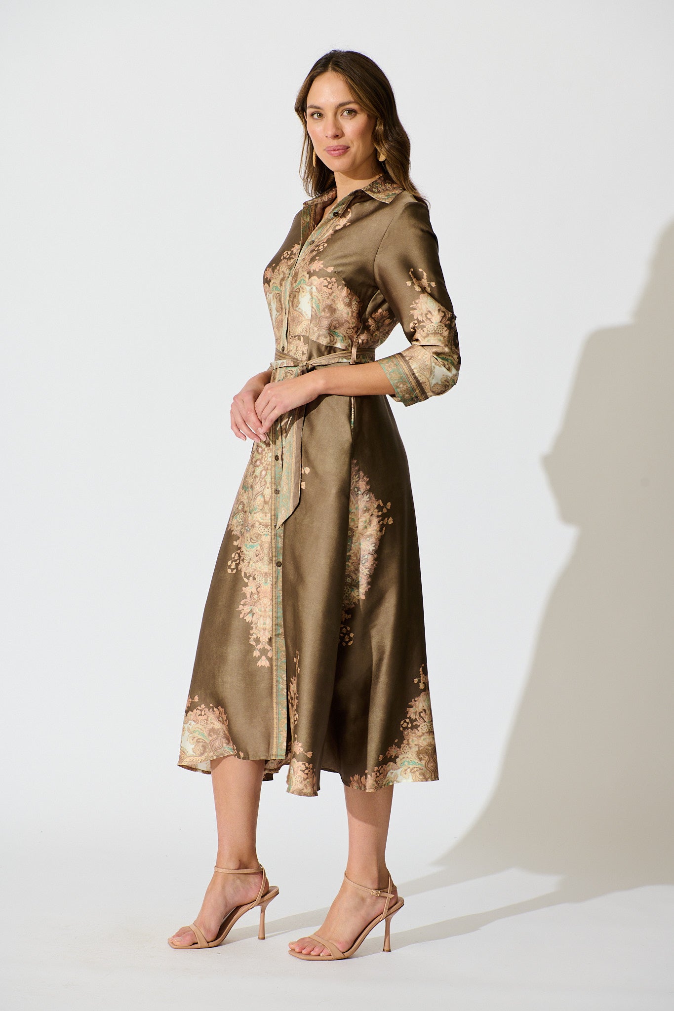 Ellen Midi Shirt Dress in Olive with Multi Placement Satin
