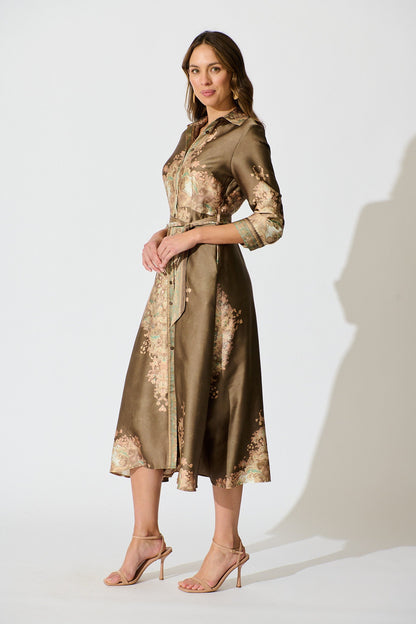 Ellen Midi Shirt Dress in Olive with Multi Placement Satin