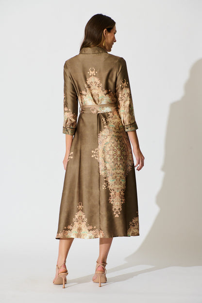 Ellen Midi Shirt Dress in Olive with Multi Placement Satin