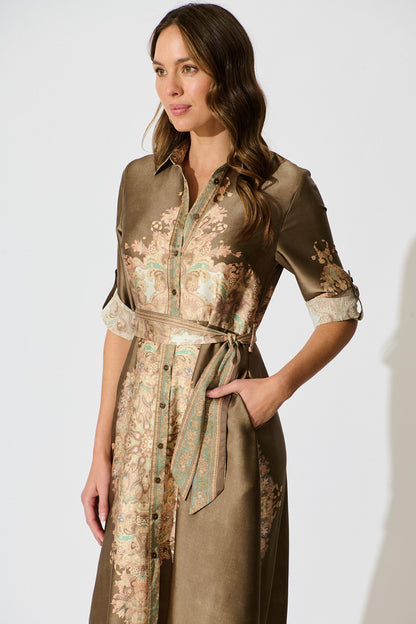 Ellen Midi Shirt Dress in Olive with Multi Placement Satin