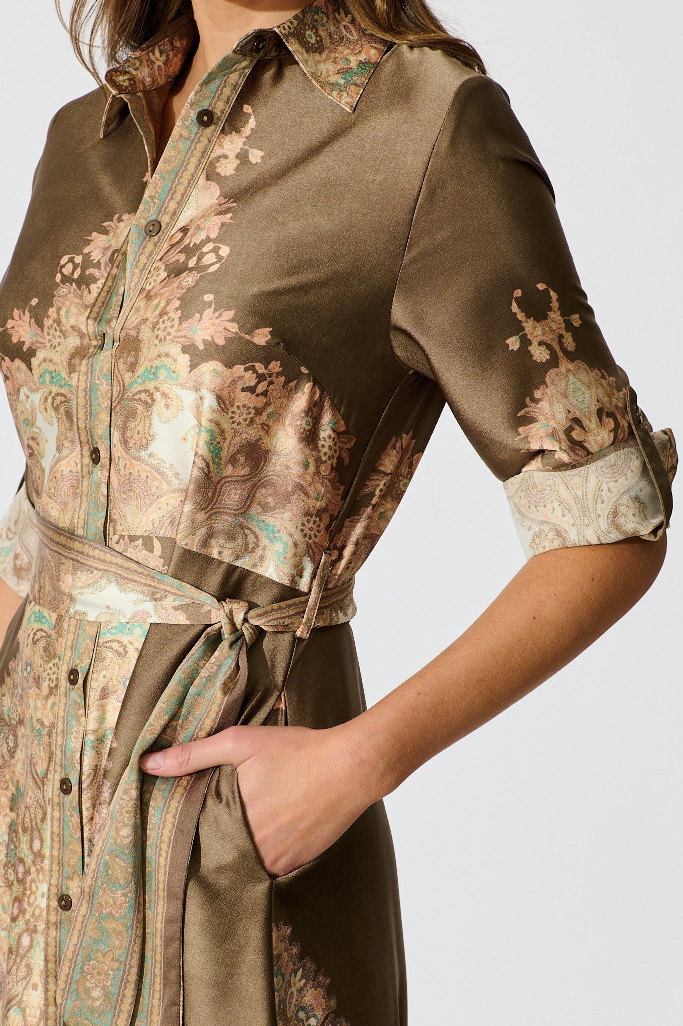 Ellen Midi Shirt Dress in Olive with Multi Placement Satin
