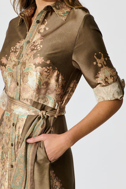Ellen Midi Shirt Dress in Olive with Multi Placement Satin