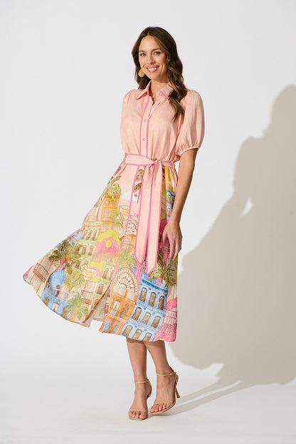 Norah Midi Shirt Dress In Pink with Tropical City Print