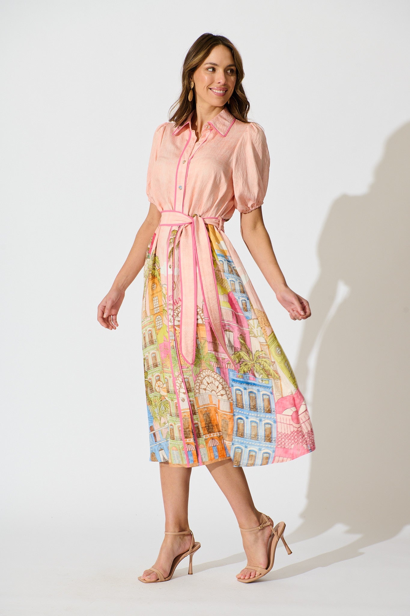 Norah Midi Shirt Dress In Pink with Tropical City Print