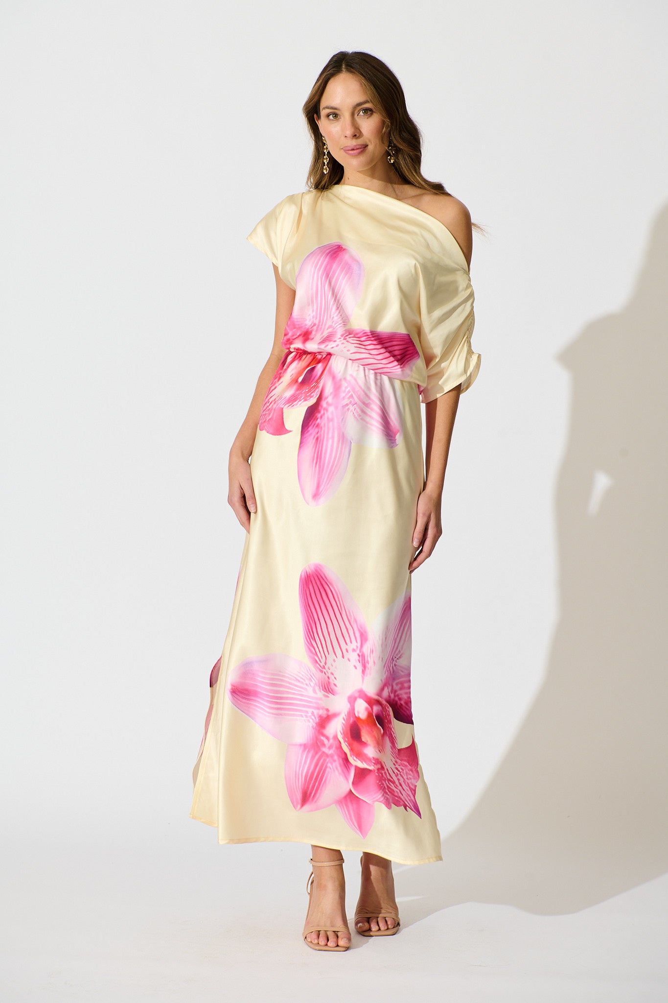 Sarita Maxi Off Shoulder Dress in Butter Yellow Floral Satin