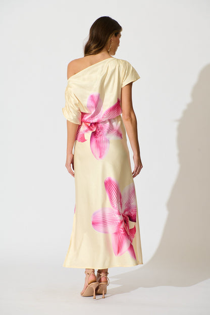 Sarita Maxi Off Shoulder Dress in Butter Yellow Floral Satin