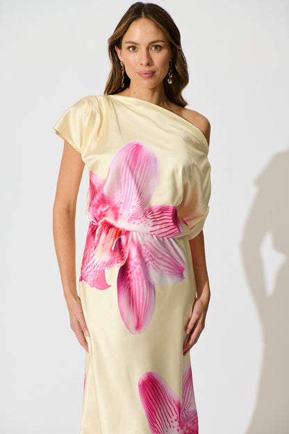 Sarita Maxi Off Shoulder Dress in Butter Yellow Floral Satin