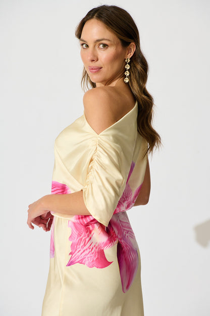 Sarita Maxi Off Shoulder Dress in Butter Yellow Floral Satin