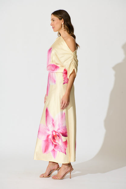 Sarita Maxi Off Shoulder Dress in Butter Yellow Floral Satin