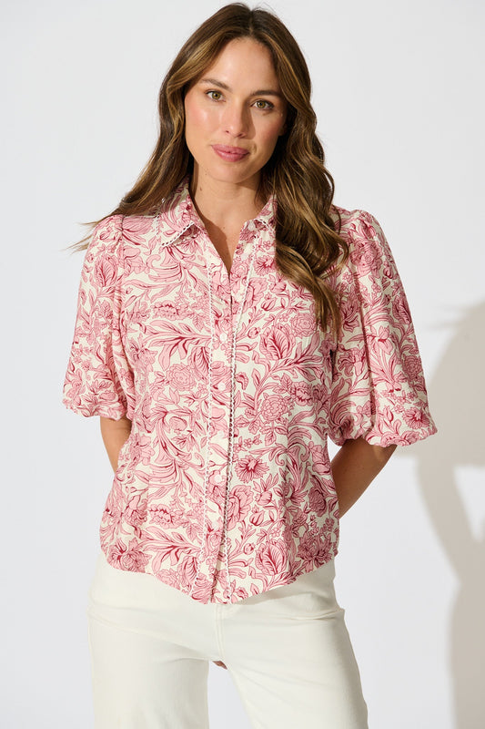 Azami Shirt in White with Pink Floral