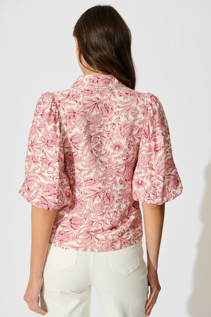 Azami Shirt in White with Pink Floral