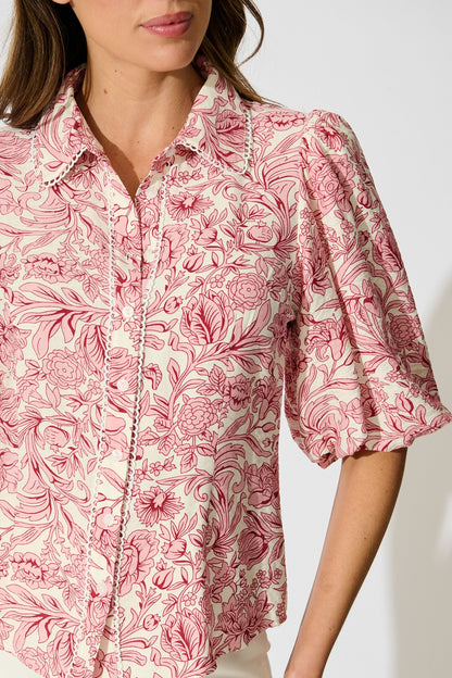 Azami Shirt in White with Pink Floral