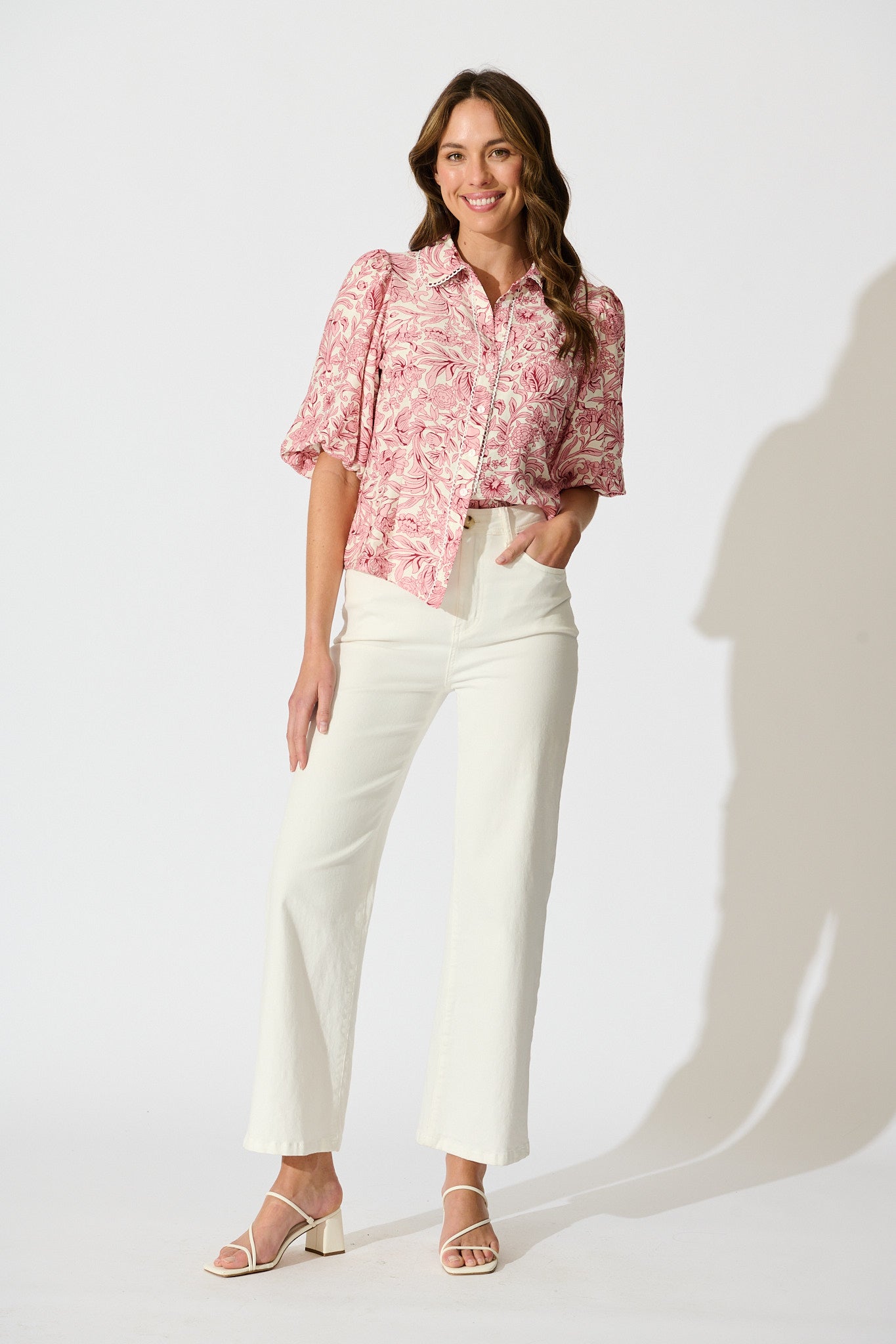 Azami Shirt in White with Pink Floral