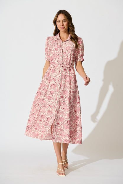 Sharmaine Maxi Shirt Dress in White with Pink Floral