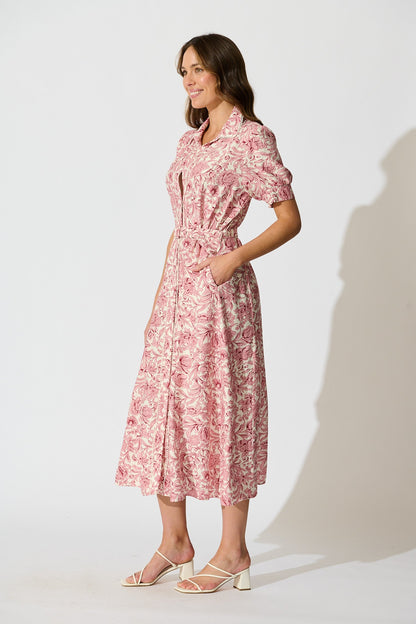 Sharmaine Maxi Shirt Dress in White with Pink Floral