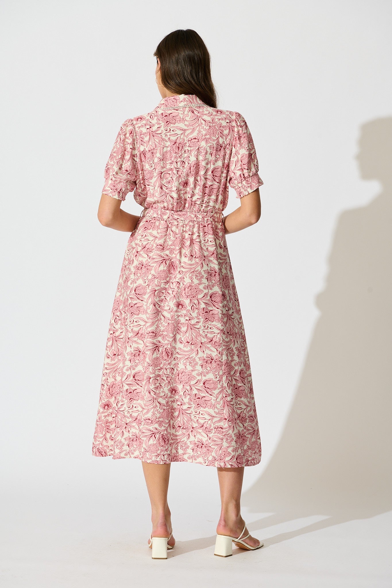 Sharmaine Maxi Shirt Dress in White with Pink Floral
