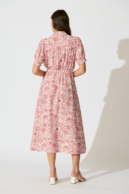 Sharmaine Maxi Shirt Dress in White with Pink Floral