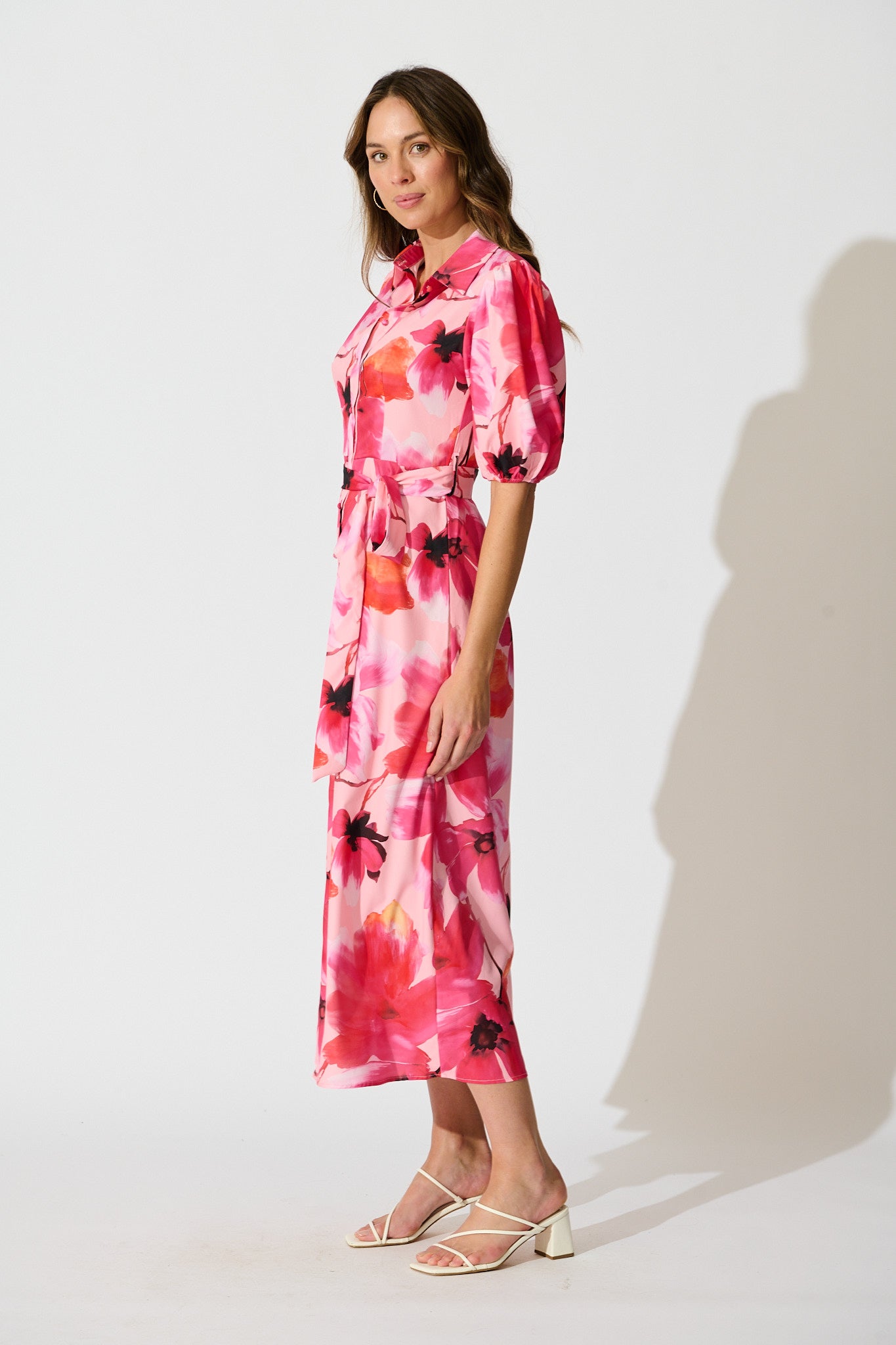 Gabriela Maxi Shirt Dress in Pink Floral Satin