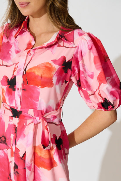 Gabriela Maxi Shirt Dress in Pink Floral Satin