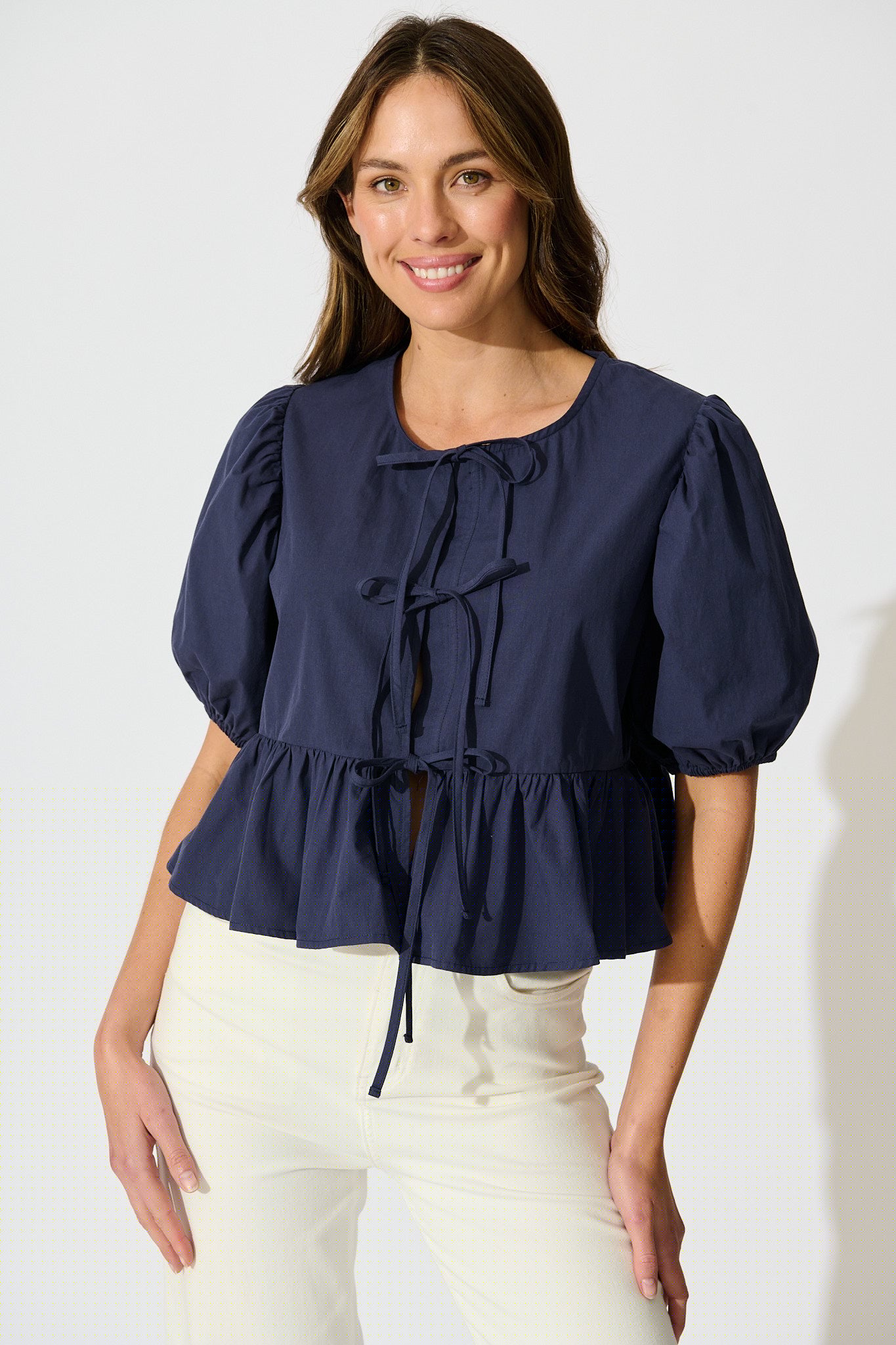 Faria Tie Front Top in Navy Cotton