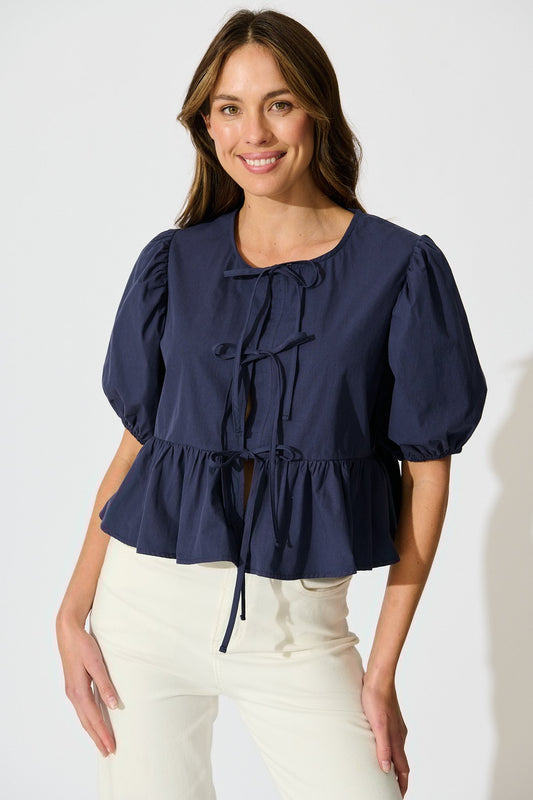 Faria Tie Front Top in Navy Cotton