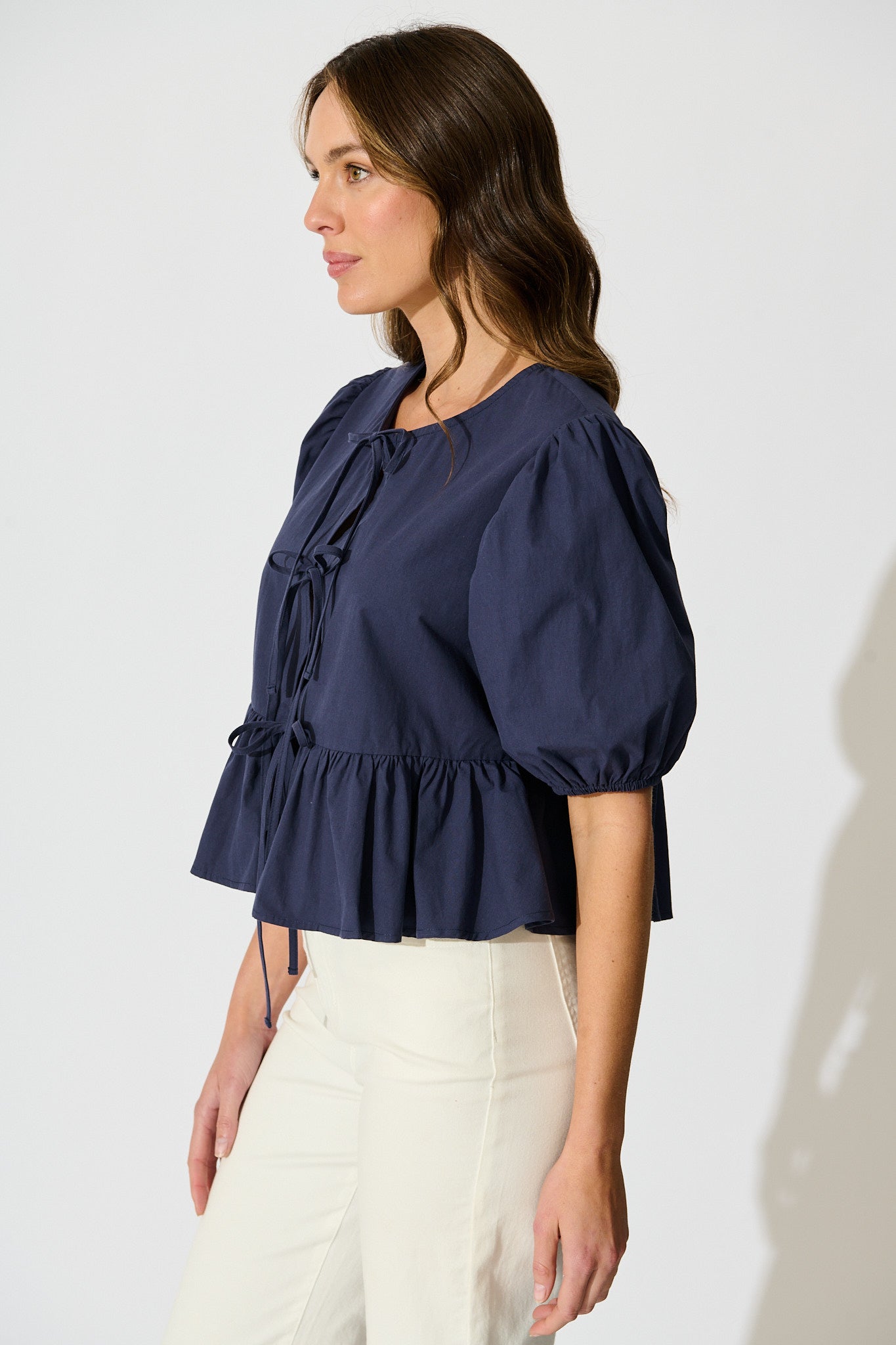 Faria Tie Front Top in Navy Cotton