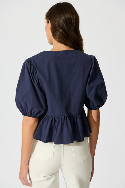 Faria Tie Front Top in Navy Cotton