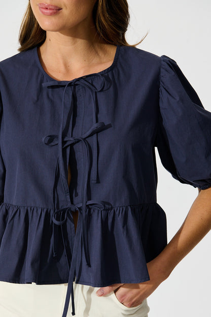 Faria Tie Front Top in Navy Cotton