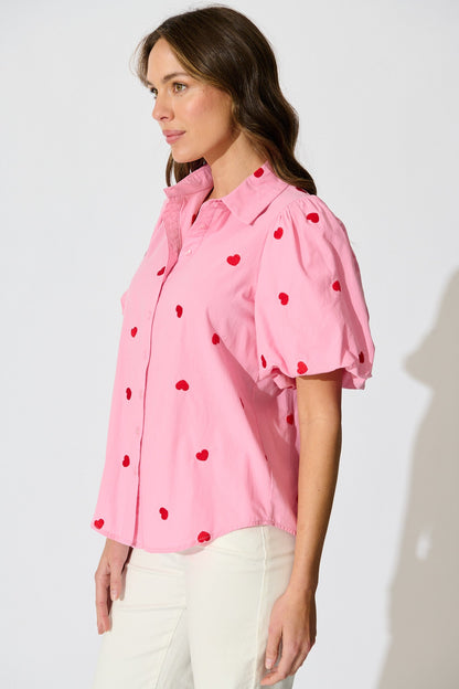 Amore Heart Shirt in Pink with Red Heart Embroidered Cotton