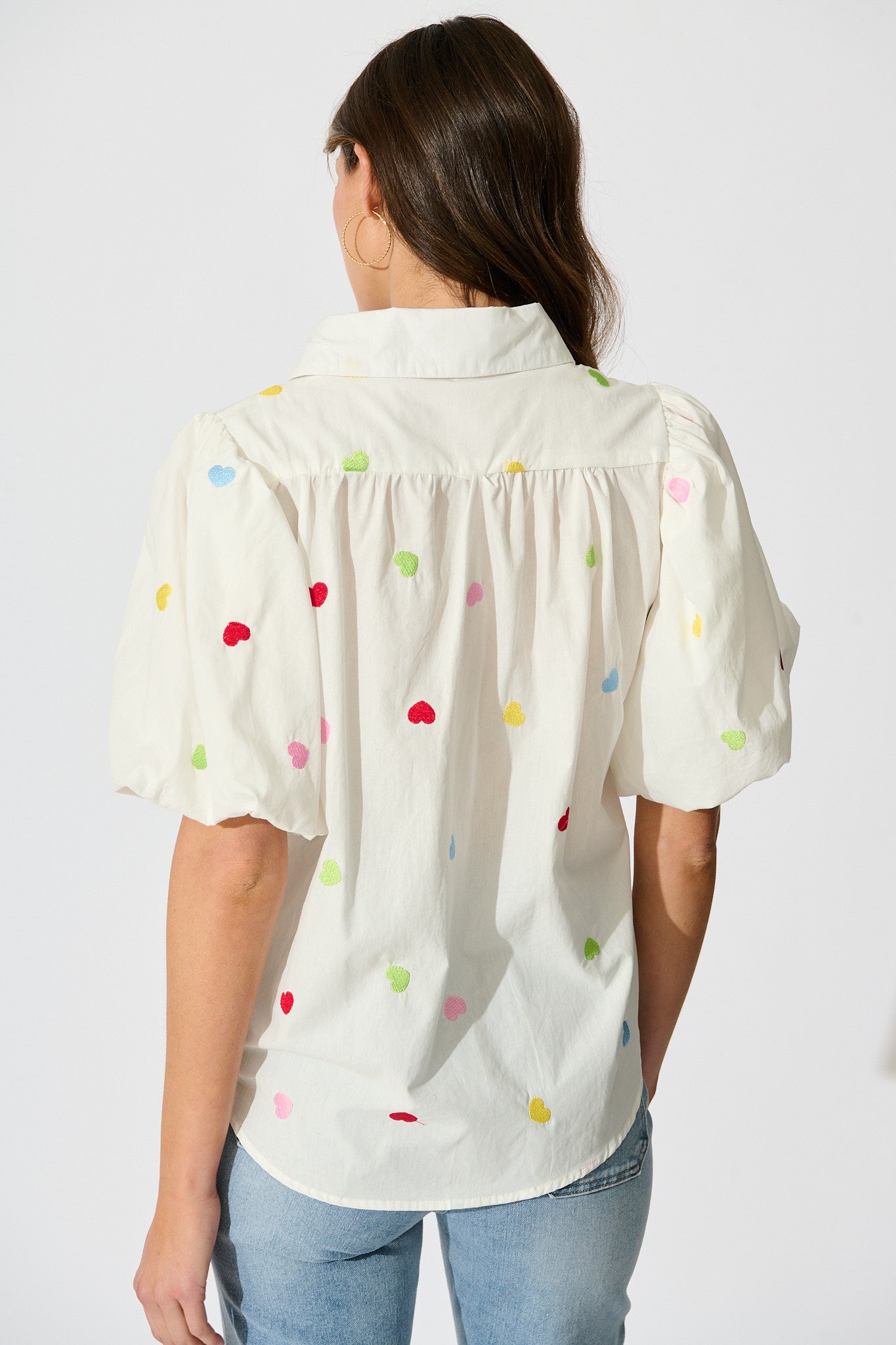 Amore Heart Shirt in White with Multi Heart Embroidered Cotton