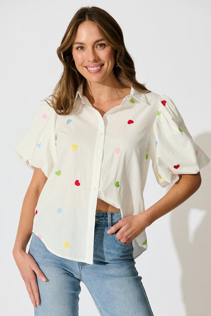 Amore Heart Shirt in White with Multi Heart Embroidered Cotton
