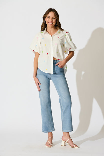 Amore Heart Shirt in White with Multi Heart Embroidered Cotton