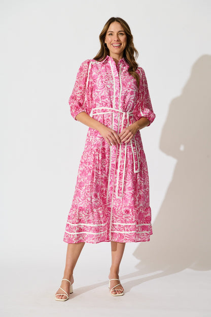 Zora Maxi Shirt Dress in Pink Floral Cotton Blend