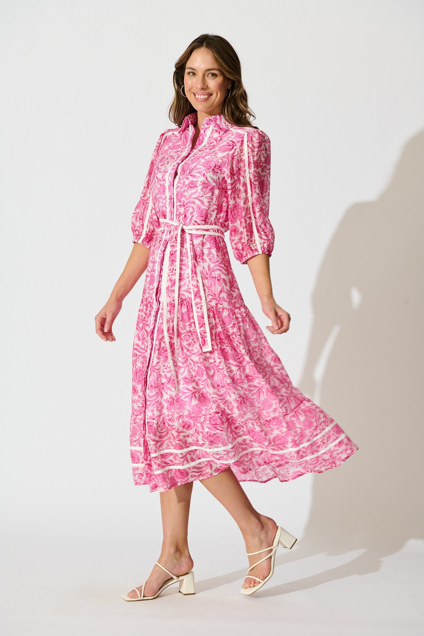 Zora Maxi Shirt Dress in Pink Floral Cotton Blend