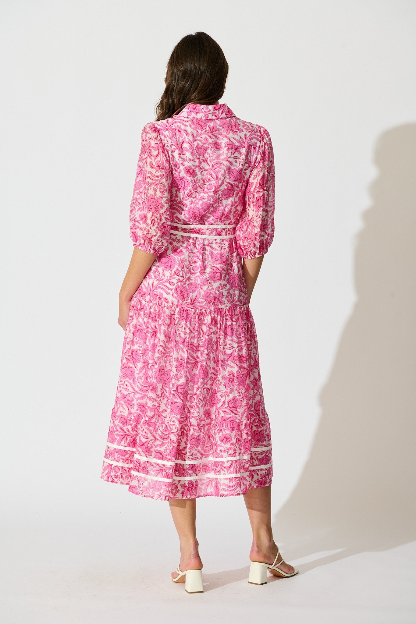 Zora Maxi Shirt Dress in Pink Floral Cotton Blend