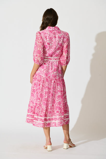 Zora Maxi Shirt Dress in Pink Floral Cotton Blend