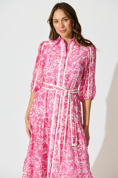 Zora Maxi Shirt Dress in Pink Floral Cotton Blend