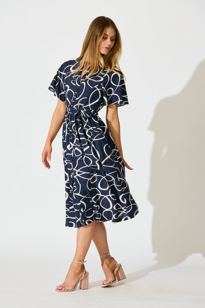 Fergie Midi Dress in Navy Geometric Print