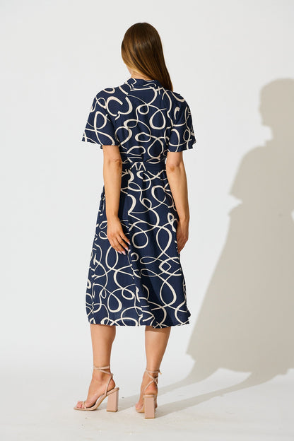 Fergie Midi Dress in Navy Geometric Print