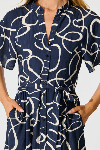 Fergie Midi Dress in Navy Geometric Print