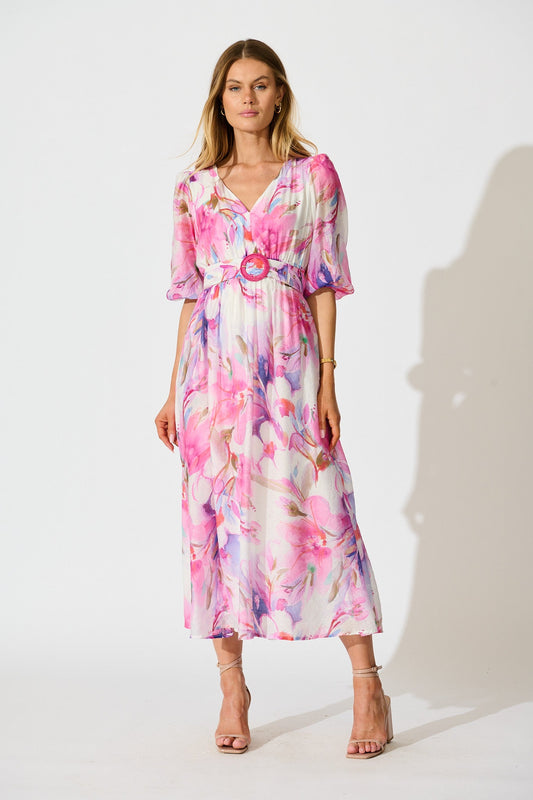 Adrina Maxi Dress in White with Pink Watercolour