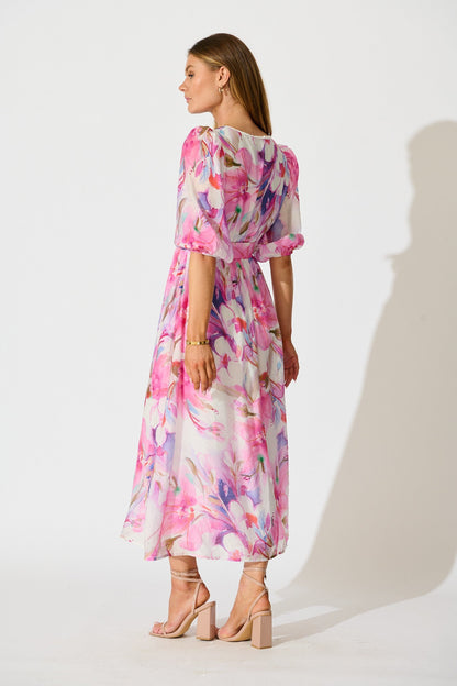 Adrina Maxi Dress in White with Pink Watercolour