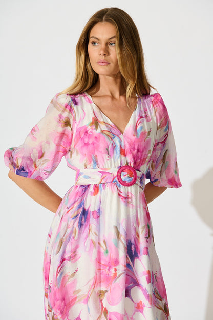 Adrina Maxi Dress in White with Pink Watercolour