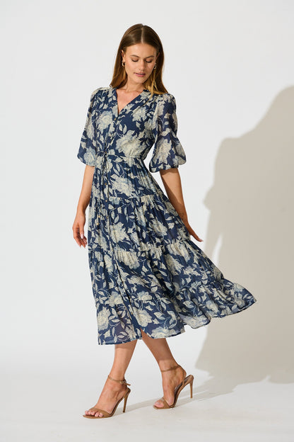 Messina Midi Dress in Navy with Cream Floral