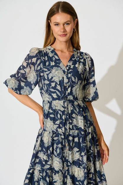 Messina Midi Dress in Navy with Cream Floral